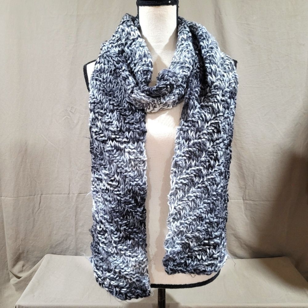 Long wide knitted black gray white scarf
